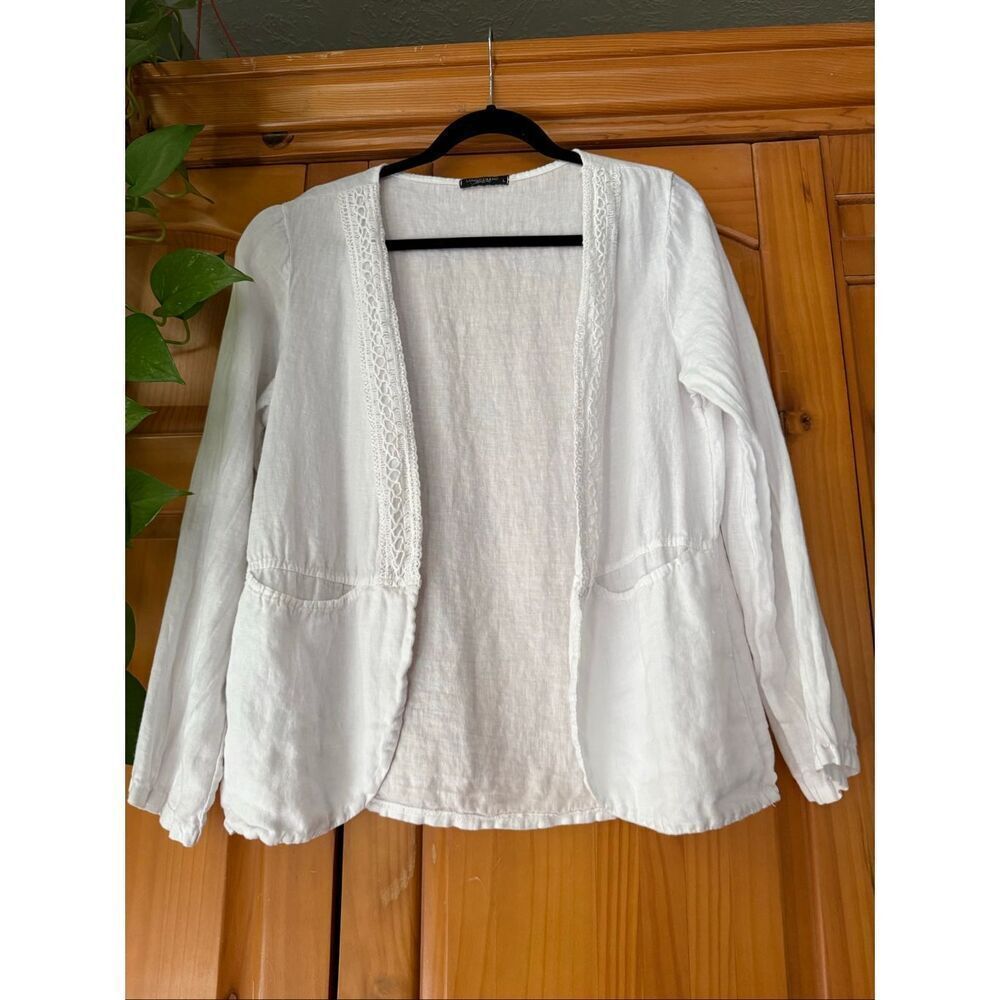 Lungo L’Arno White 100% Linen Open Front Cardigan Jacket Lace Trim Size L Made I